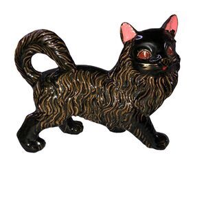 Vintage MCM Redware Kitty Cat with Curled Tail and Gold Whiskers, Pink Ears